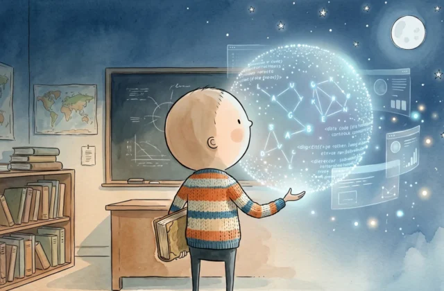Illustration façon livre pour enfants d'un jeune garçon vu de dos, portant un pull à rayures, tenant un livre ouvert d'une main et faisant flotter une sphère lumineuse de données et de mots de l'autre. Il se tient dans une salle de classe entre une bibliothèque traditionnelle à gauche et des interfaces numériques translucides à droite.
