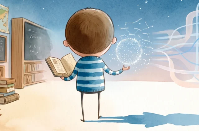 llustration de style Oliver Jeffers représentant un enfant de dos, avec une grosse tête et un pull à rayures, debout entre une salle de classe traditionnelle avec livres et tableaux noirs à gauche, et des réseaux numériques lumineux à droite. Il tient un livre ancien d'une main et une sphère de lumière constellation de l'autre. La question « Comment continuer à penser par soi-même ? » est inscrite dans le ciel nocturne aquarellé.