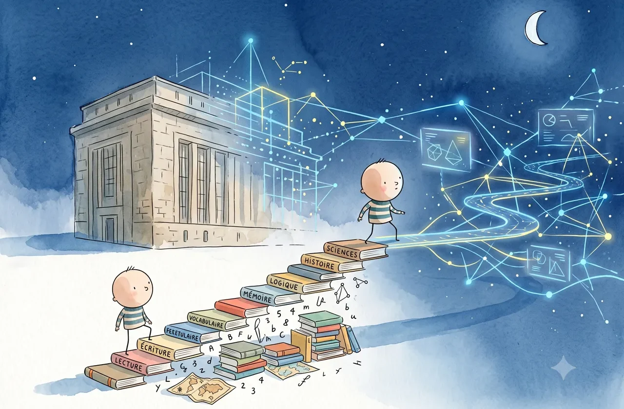 Illustration de style livre pour enfants montrant un personnage à grosse tête gravissant un escalier formé de livres (lecture, écriture, sciences) pour passer d'une bibliothèque classique en pierre à un univers futuriste fait de réseaux lumineux et d'interfaces IA, sur fond de ciel nocturne à l'aquarelle.