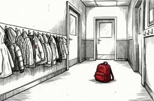 Couloir d’école désert avec un cartable rouge posé au sol, symbolisant l’urgence de repenser les priorités de l’école et de reconstruire l’école de demain.