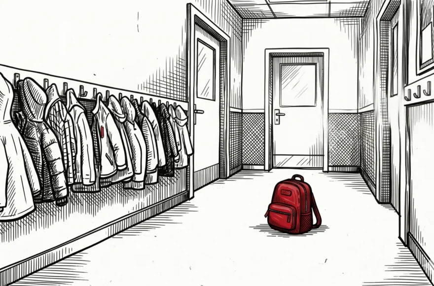 Couloir d’école désert avec un cartable rouge posé au sol, symbolisant l’urgence de repenser les priorités de l’école et de reconstruire l’école de demain.