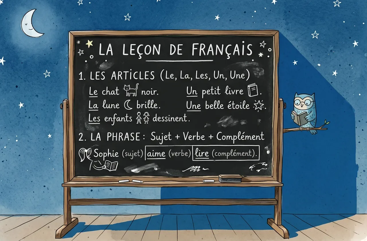Leçon de français écrite sur un tableau d’école, illustrant l’importance de la maîtrise de la langue française à l’ère de l’intelligence artificielle.